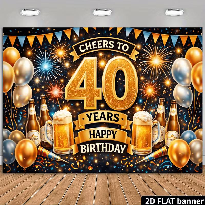 2D Happy 40th Birthday Photography Backdrop Beer Fireworks Party Photo Booth Banner