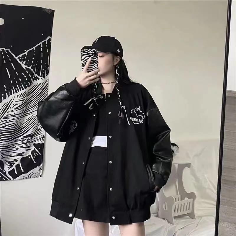 New Spring Autumn Coat Women's Korean Harajuku Style Bomber Jacket Oversized Jacket Leather Pure Black Women's Jacket Cloth