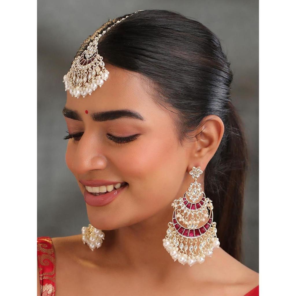 Mulheres e Meninas Kundans Chandbali | Banhado a Ouro Cravejado de Kundan Toque Meenakari Contas Pendentes Brincos Chandbali | Presente de Aniversário para meninas e mulheres