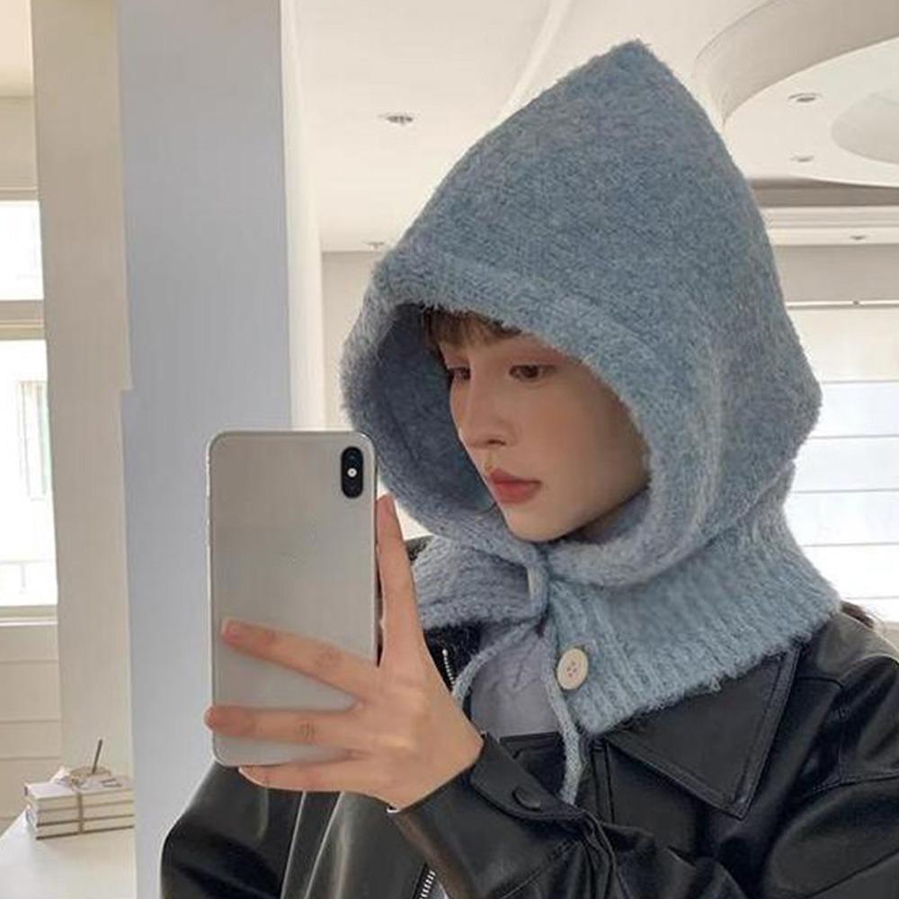 Solid Color Women  Balaclava Hat and Scarf Integrated Windproof Cap Knitted Pullover Hat  Outdoor