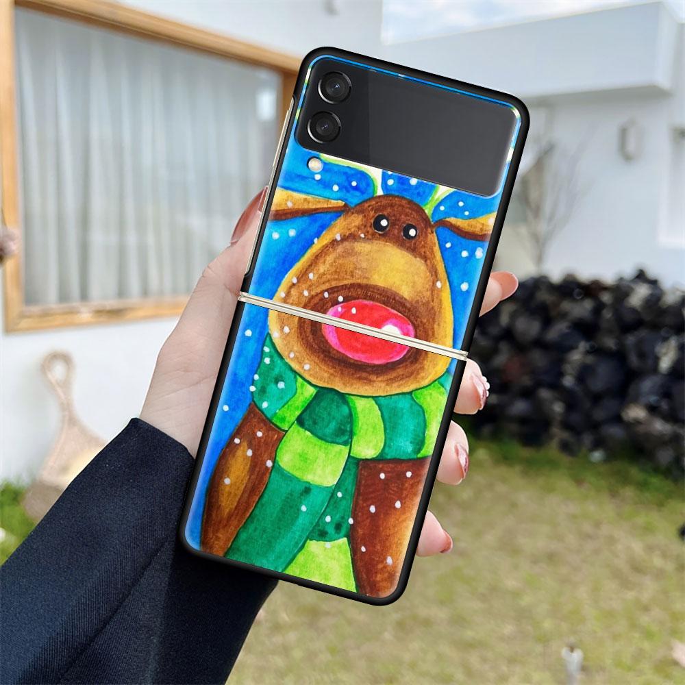 Luxury Case For Samsung Galaxy Z Flip 4 3 5G Black PC Hard Phone Cases Fashion Back Cover ZFlip Funda Merry Christmas Shell Capa