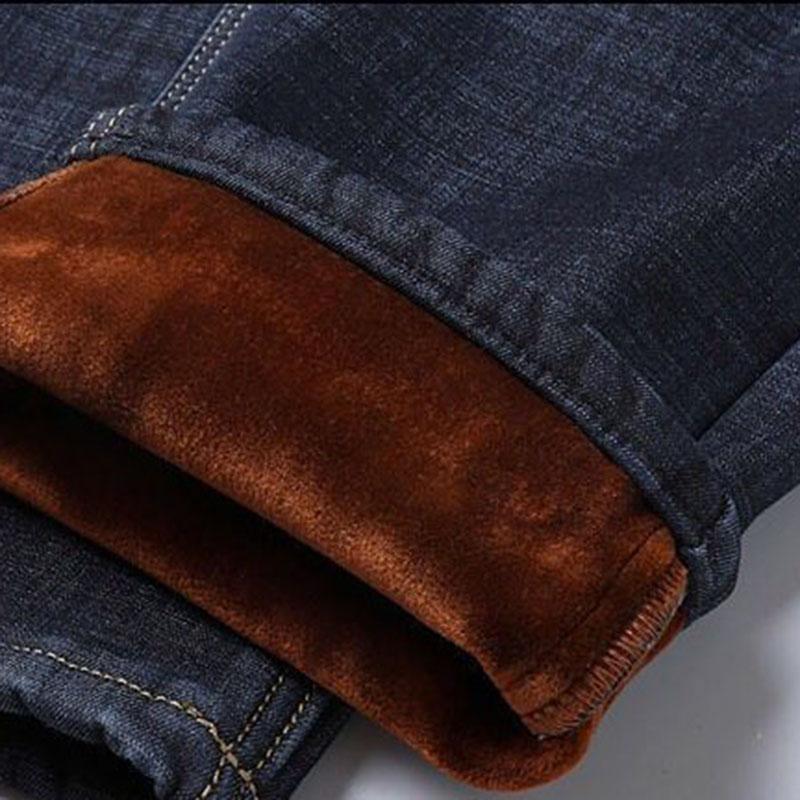 Men's Warm Slim Fit Jeans Business Fashion Thicken Denim Trousers Fleece Stretch Brand Pants Black Blue