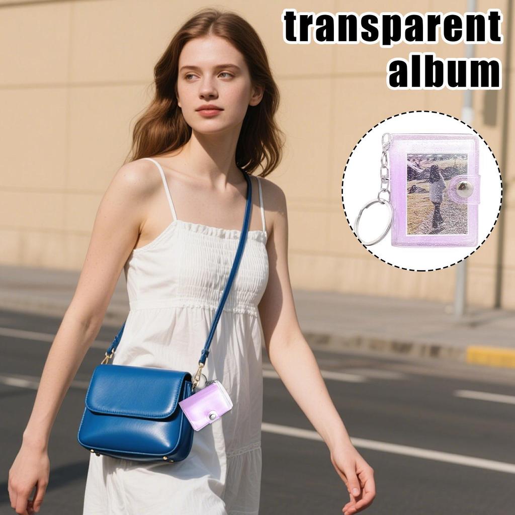 Mini Scrapbook Keychain 24-Pockets Photo Pictures Keychain Clear Key Ring Binder For Kids Wallet Backpack Adults Men Women