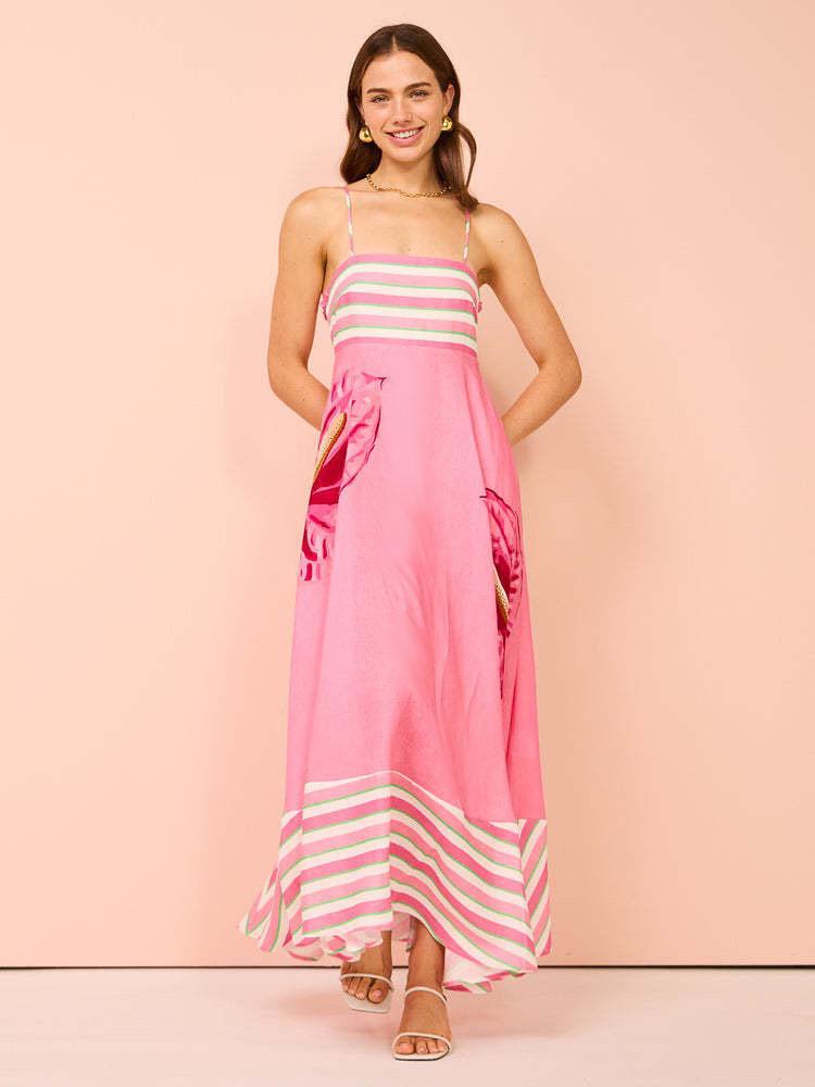 Evropské a americké dámské elegantní letní šaty s vysokým pasem a rostlinným potiskem (2025)