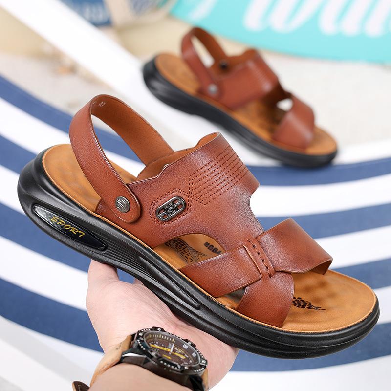 Summer New First-layer Cowhide Men's Casual Beach Shoes Middle-aged and Elderly Leather Slippers Open-toed Dad Sandals 2025
