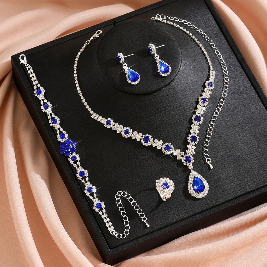 Fashion Claw Chain Jewelry Colored Rhinestones Crystal Necklace Earrings Bracelet Ring Four-Piece Set Women