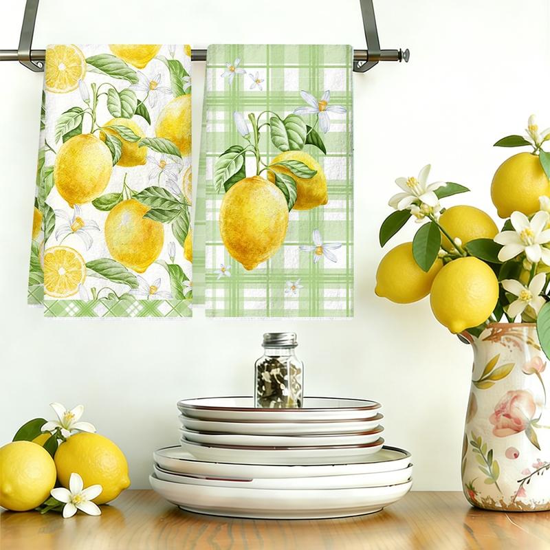 2pcs Yellow Lemon Kitchen Towels Spring Summer Fruit Reusable Hand Towels Flowers Home Dish Towels for Kitchen Bathroom Decor