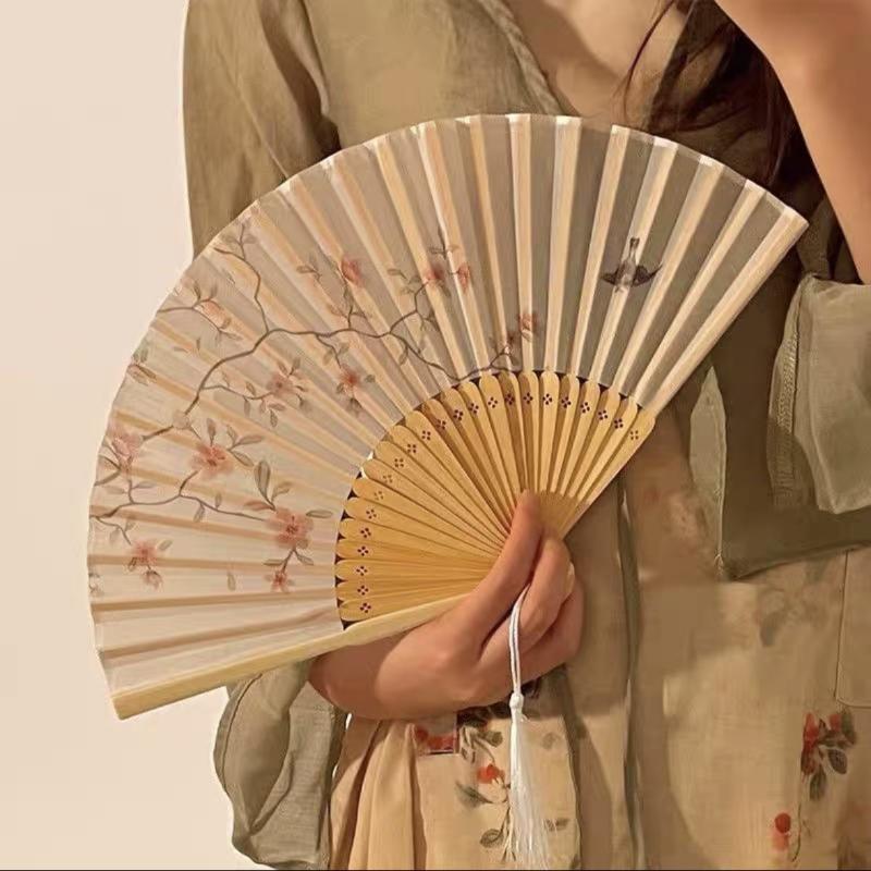 Portable Hand Fold Fan  Chinese Style Dance Props Retro Shell Fan Woman Men Bamboo Wood Silk Flower Folding Fan