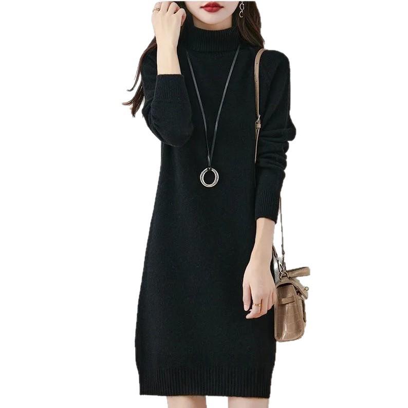 Cross2025 A/W Mid-Length High Neck Woolen Knit Dress Pullover for Women