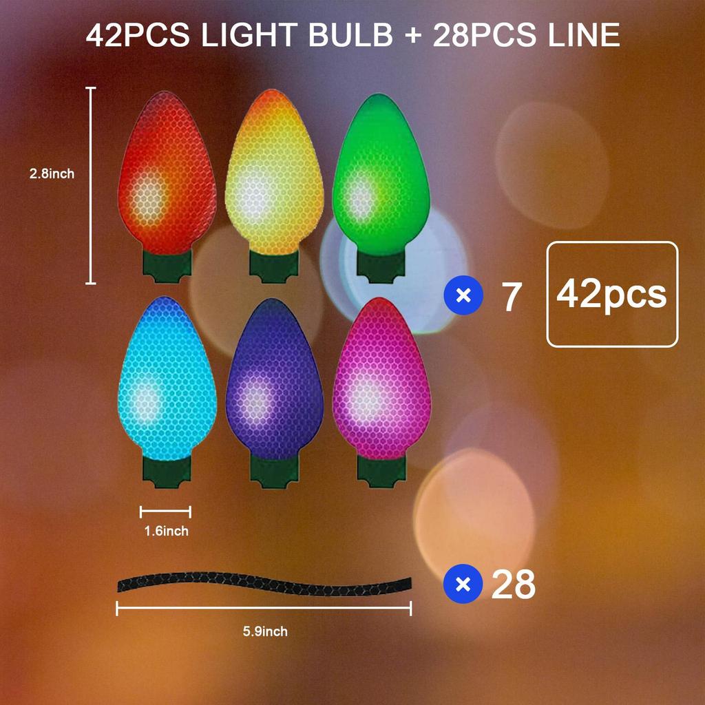 70Pcs Christmas Reflective Car Refrigerator Magnets Decorations Set, 42Pcs Reflective Bulb Light Magnets with 28Pcs Lines Magnetic Car Stickers