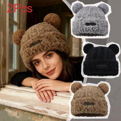 2pcs Woman Letter Bear Ears Knitted Cute Hat Beanie Hat Cat Ears Beanie Lovely Cap Winter/Autumn Cute Popular Hat