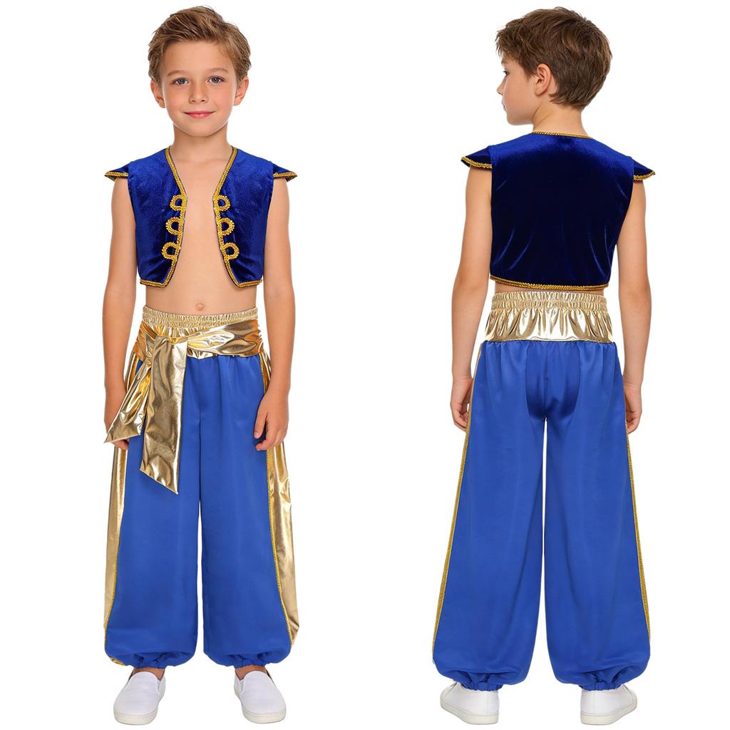 Set Costume da Principe Arabo per Ragazzo Manica a Cappuccio Gilet Intrecciato Patchwork Metallico Lucido Pantaloni a Palloncino Color Contrasto