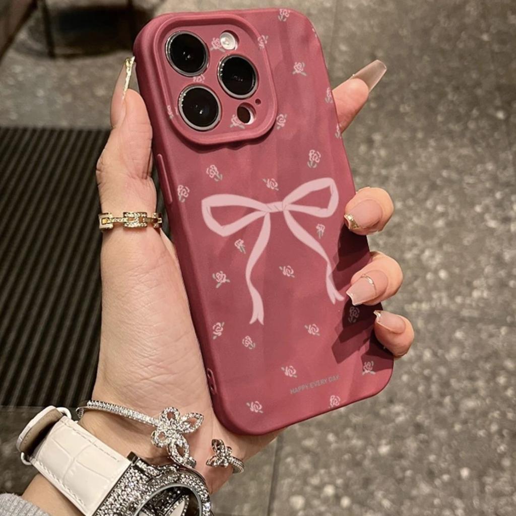 Wrinkled Solid Color High End Floral Bow Suitable for Apple 16 Mobile Phone Case Full Inclusive IPhone 15 Protective Case Anti Fall
