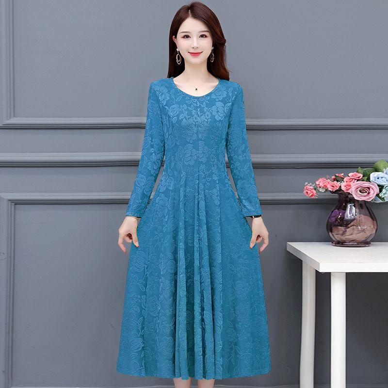 Abito Maxi Lussuoso Jacquard Floreale Girocollo Maniche Lunghe per Madri Elegante Abito da Ballo