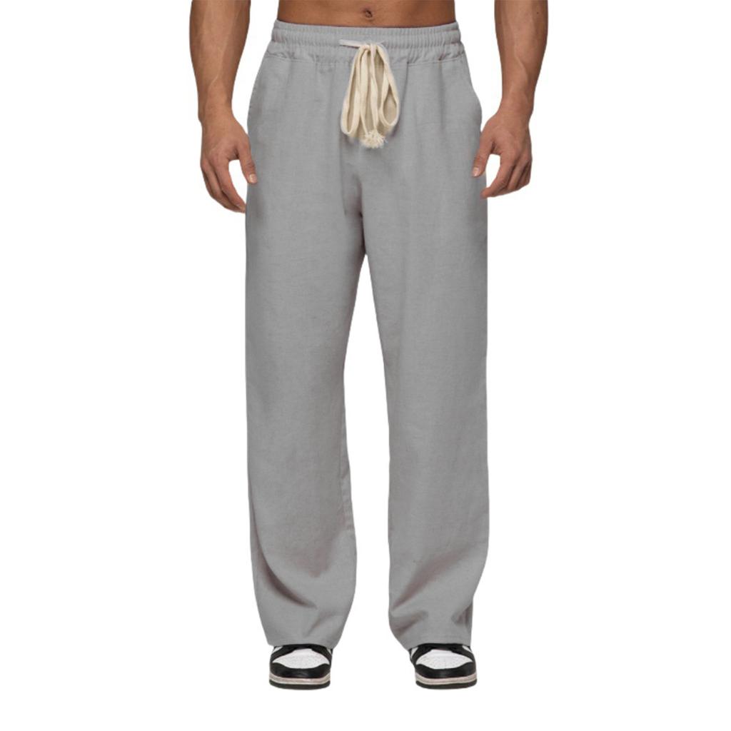 Mens Casual Cotton Linen Pants Elastic Waist Drawstring Summer Beach Pants Lightweight Loose Fit Yoga Trousers