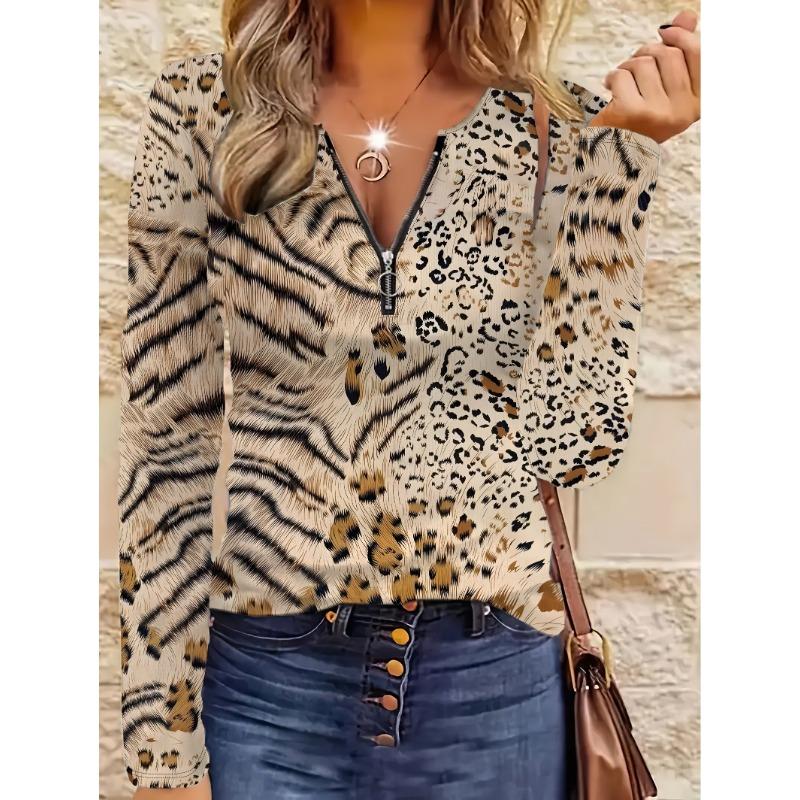 Elegant casual comfortable style painting leopard print pattern code women s round neck zipper long sleeves S