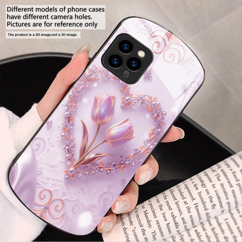 Love's Pink Purple Tulip For iPhone 17 16 15 14 13 Plus 12 Mini 11 Pro Max XR Xs Max X 7 8 6S 22 20 Elliptical Glass Phone Case