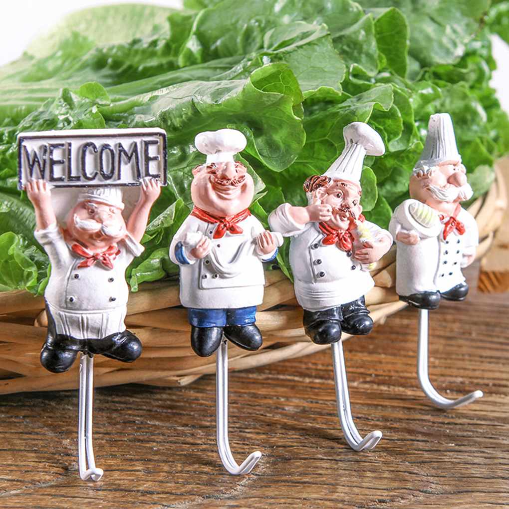 4pcs Cartoon Chef Stainless Sticky Hook Clothes Coat Hat Hanger Kitchen Bathroom Rustproof Towel Hooks