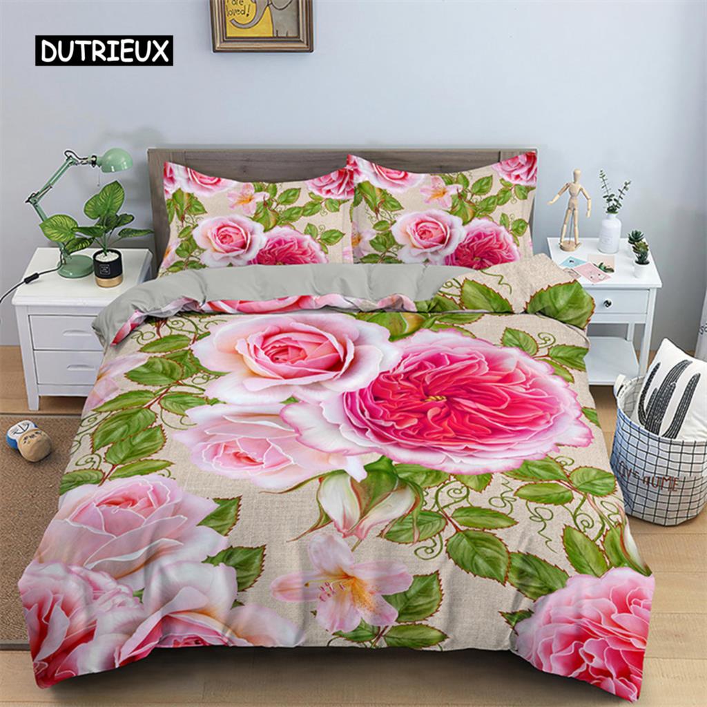 Bettbezug-Set mit Blumenmuster, tropisches Bettwäsche-Set mit Blumenmuster, tropische Blumen und Blätter für Kinder und Teenager, Polyester, Doppelbett, Queensize-Bett, Kingsize-Bettbezug