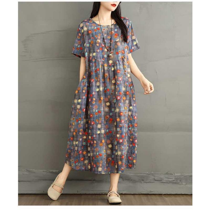 Summer New Retro Round Neck Flower Pocket Short Sleeve Dresses for Women