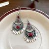 Retro Tibetan Red & Blue Floral Tassel Ear Hooks: Ethnic Style Niche Earrings for Women, Personalized Trendy Accessories