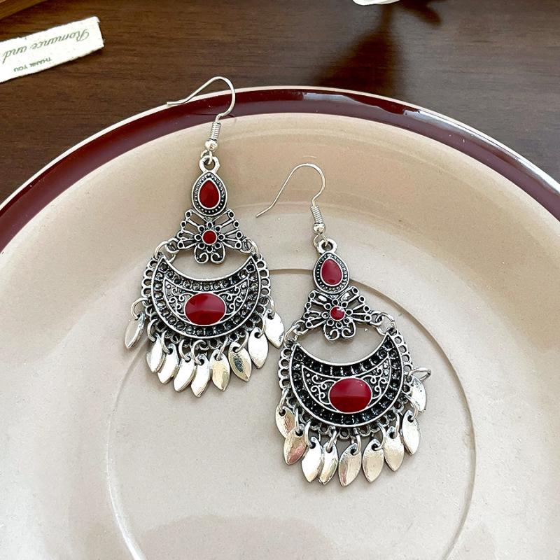 Retro Tibetan Red & Blue Floral Tassel Ear Hooks: Ethnic Style Niche Earrings for Women, Personalized Trendy Accessories
