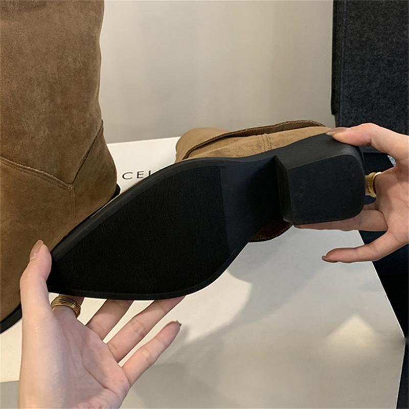 Eilyken Winter Designer Pointed Toe Women Knee High Boots Fashion Square Heels Buckle Fold Short Shoes Botas