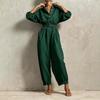 Women's Lapel Collar Button-Down Belted Color Slim Fit Casual Jumpsuit
