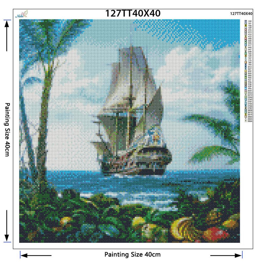Diamond Embroidery Boat Sea Landscape Painting of Rhinestone Full Round Diamond Painting