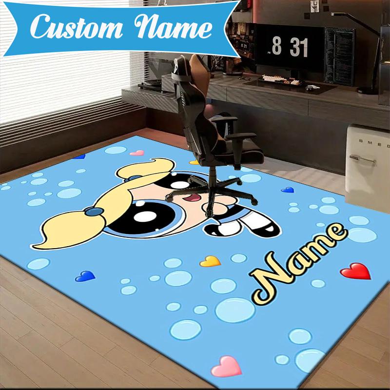 Benutzerdefinierter Name Powerpuff Abenteuer Teppich Spiel Teppich, Fußmatte für Schlafzimmer Wohnzimmer Eingangsbereich Teppich, Heimdeko Idee Geschenk für Weihnachten Geburtstag