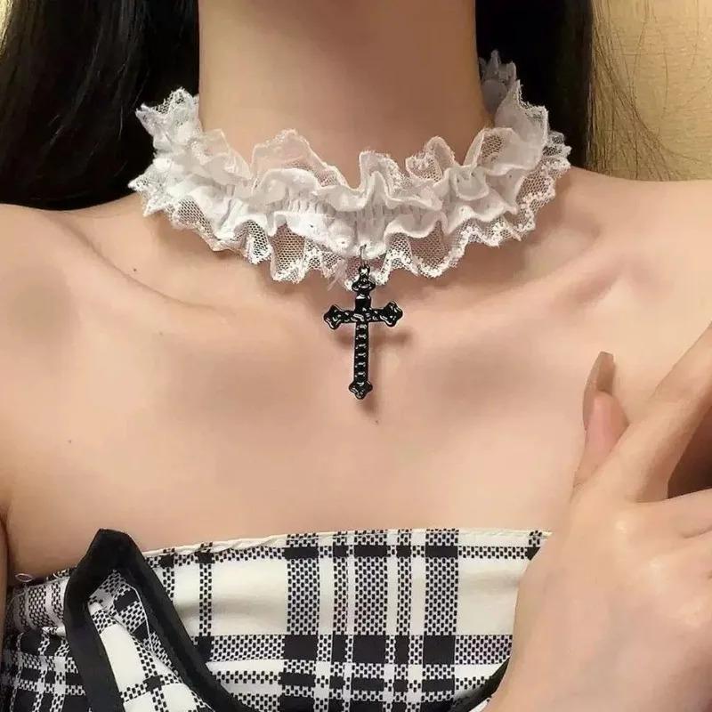 Lolita Neck Lace Trim Choker Necklace Cross Pendant Collarbone Chain Lace Collar Gothic Y2K Sweet Accessory for Women Girls New