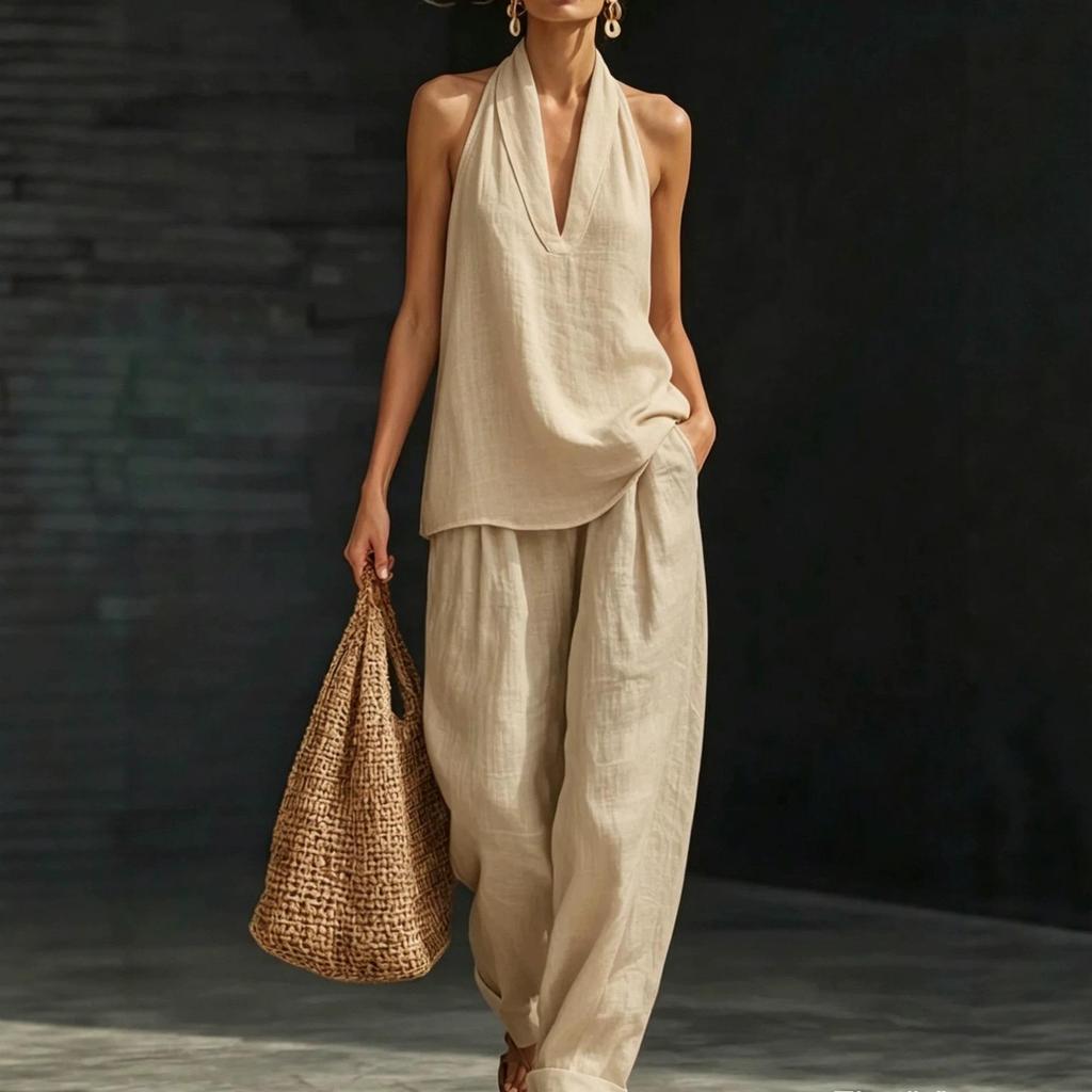 In Stock Women's Halter V-Neck Sleeveless Casual Fashion Set