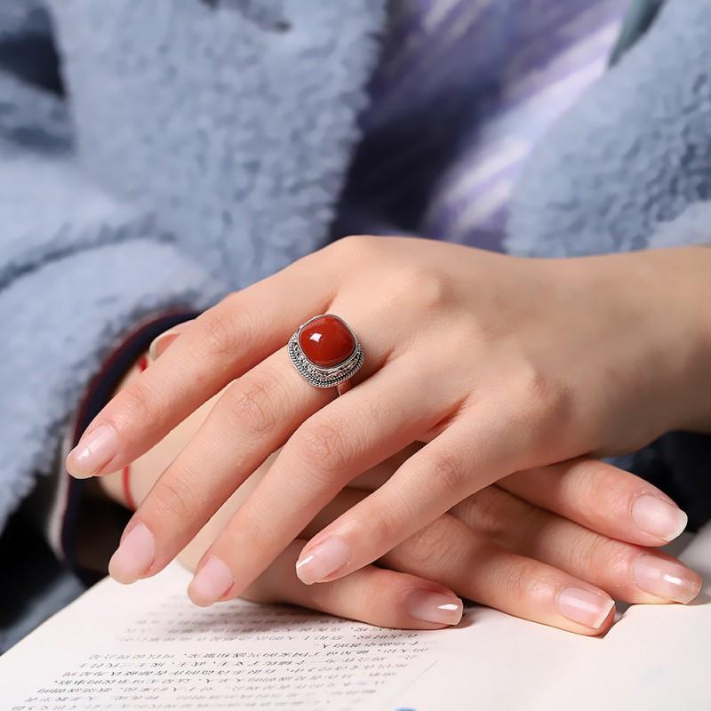 Adjustable Open Ring Women Men Vintage Red Agate Square Geometric Band Minimalist Boho Finger