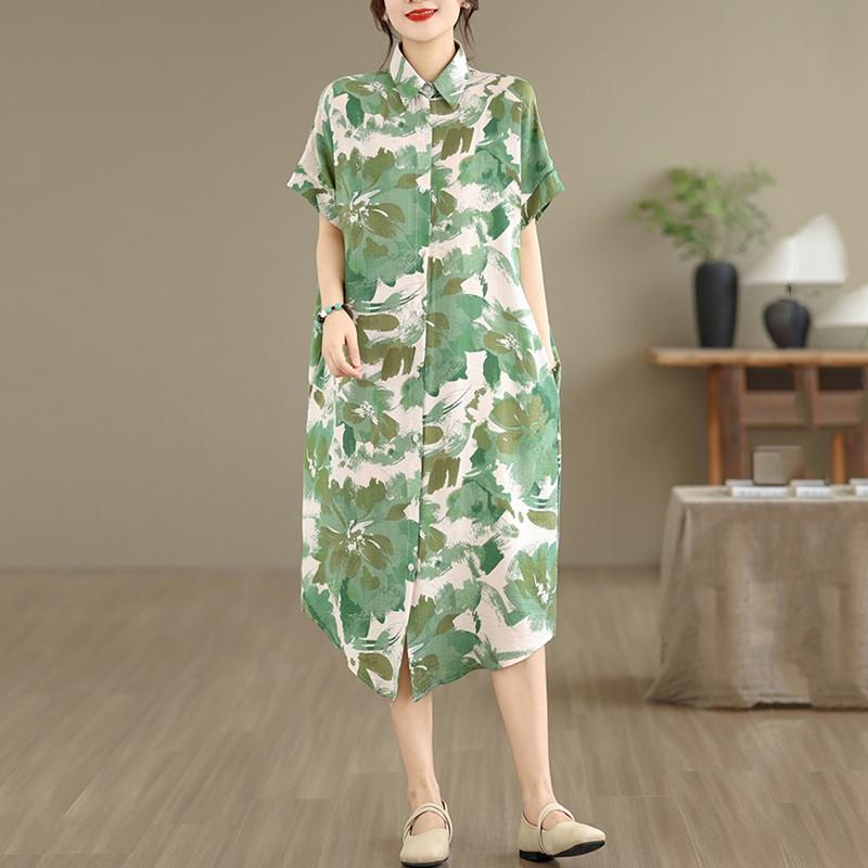 Manga corta Tallas grandes Algodón vintage floral nuevo en vestidos para mujer casual suelto vestido camisero largo de verano