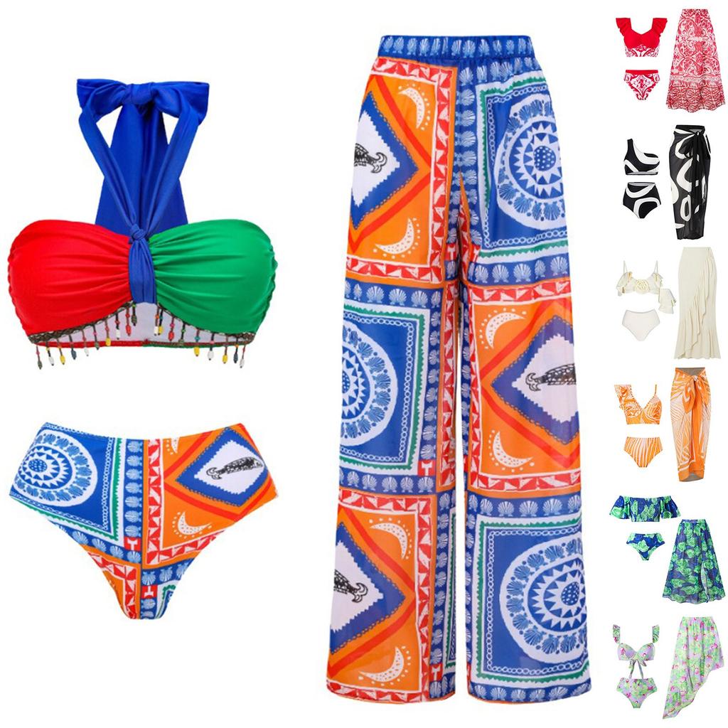 Women's Sexy Slim Fit Three-Piece With Printed Swimsuit Long Skirt Set