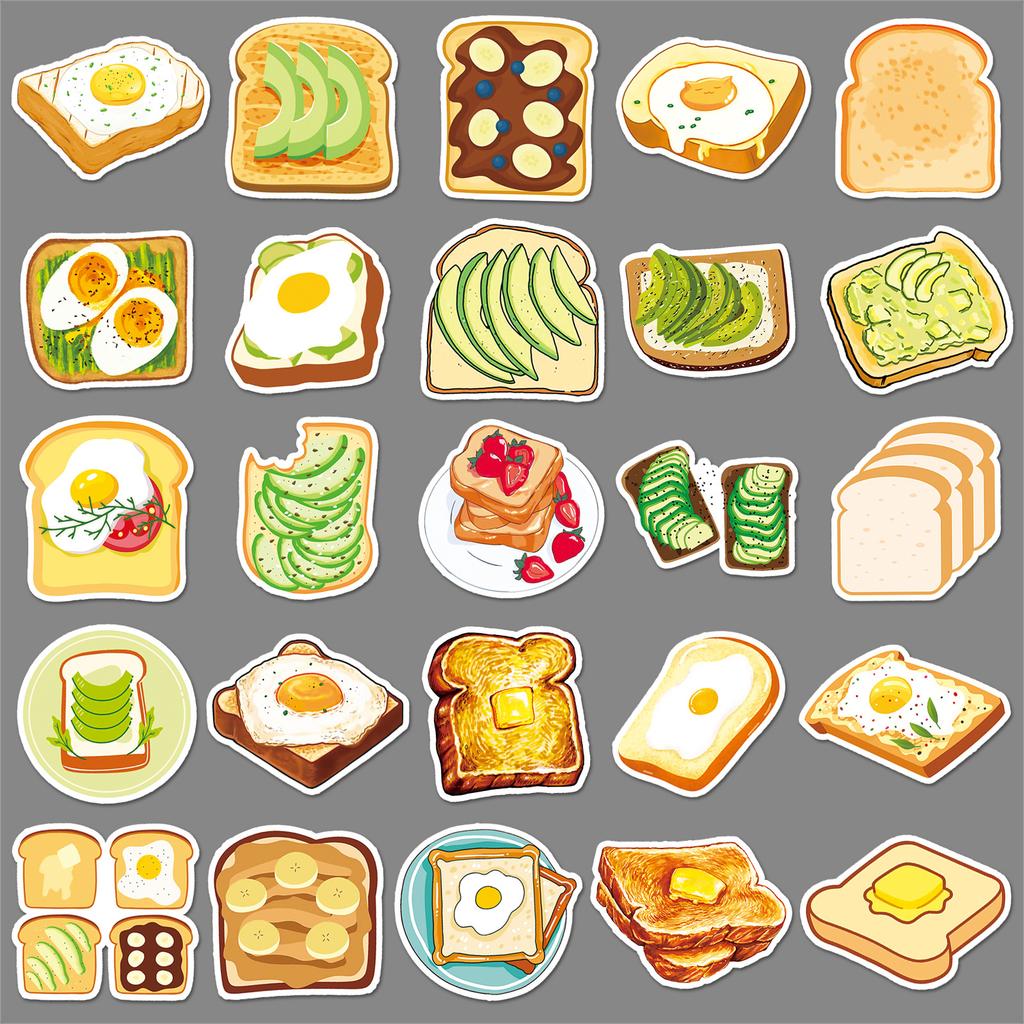 50 Toast Doodle Persönlichkeit Cartoon Essen Kinder DIY Skateboard Handyhülle Koffer Aufkleber Wasserdicht