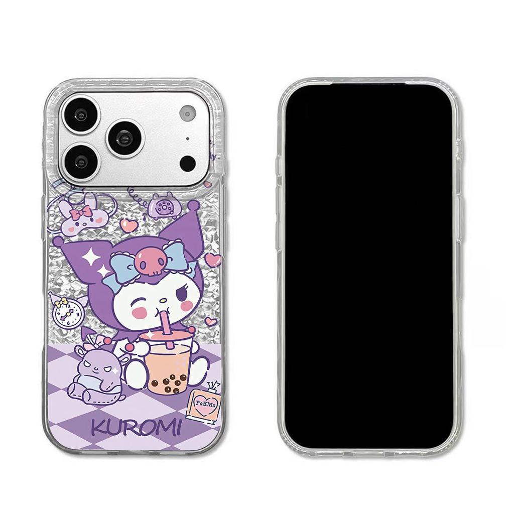 Case for iphone 11 16 Plus XS Max 17 Pro 15 Air 13 18 Pro Max XR 12 14 Kuromi Drinking Milk Tea Sparkle Crackle Foil Acrylic TPU Phone Case