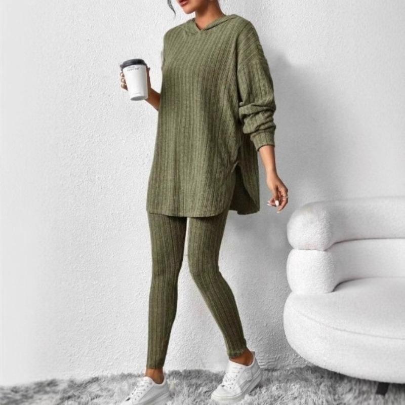 Autumn and Winter Women's Loose Hooded Long Sleeved Casual Pants with Threaded Groove Strip Set