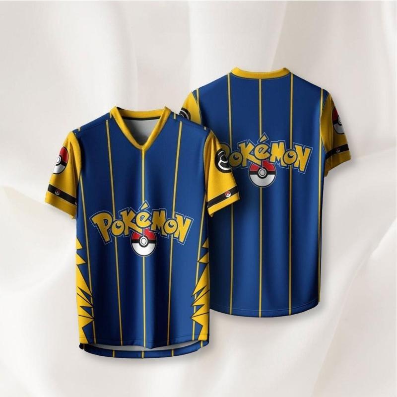 Men's Pokémon Poké Ball Striped Pattern 3D Printed V-Neck Sports Jersey Tee Stylish Casual Wear for Game Fans Y2k Tops