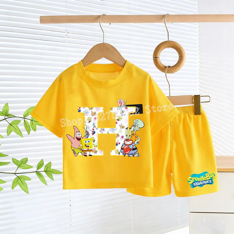 SpongeBobs T-shirt Shorts Set Kids Cute Letter A-Z Tees Pants Children Summer Outdoor Sports Short Sleeve Trousers Boy Girl Gift