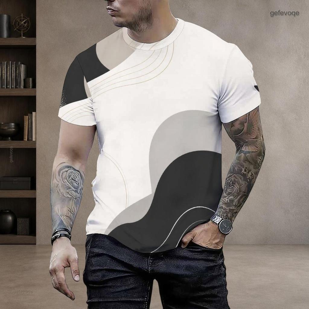 Mens Plus Size T Shirt Round Neck Short Sleeve Abstract Geometric Printed Black White Gray Pullover Straight Hem