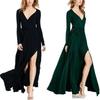Floor-length Dress Classic Long-sleeved V-neck Solid Color Sexy Dress