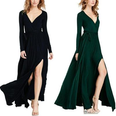 Vestido Longo Clássico de Manga Comprida com Decote em V Cor Sólida Vestido Sexy