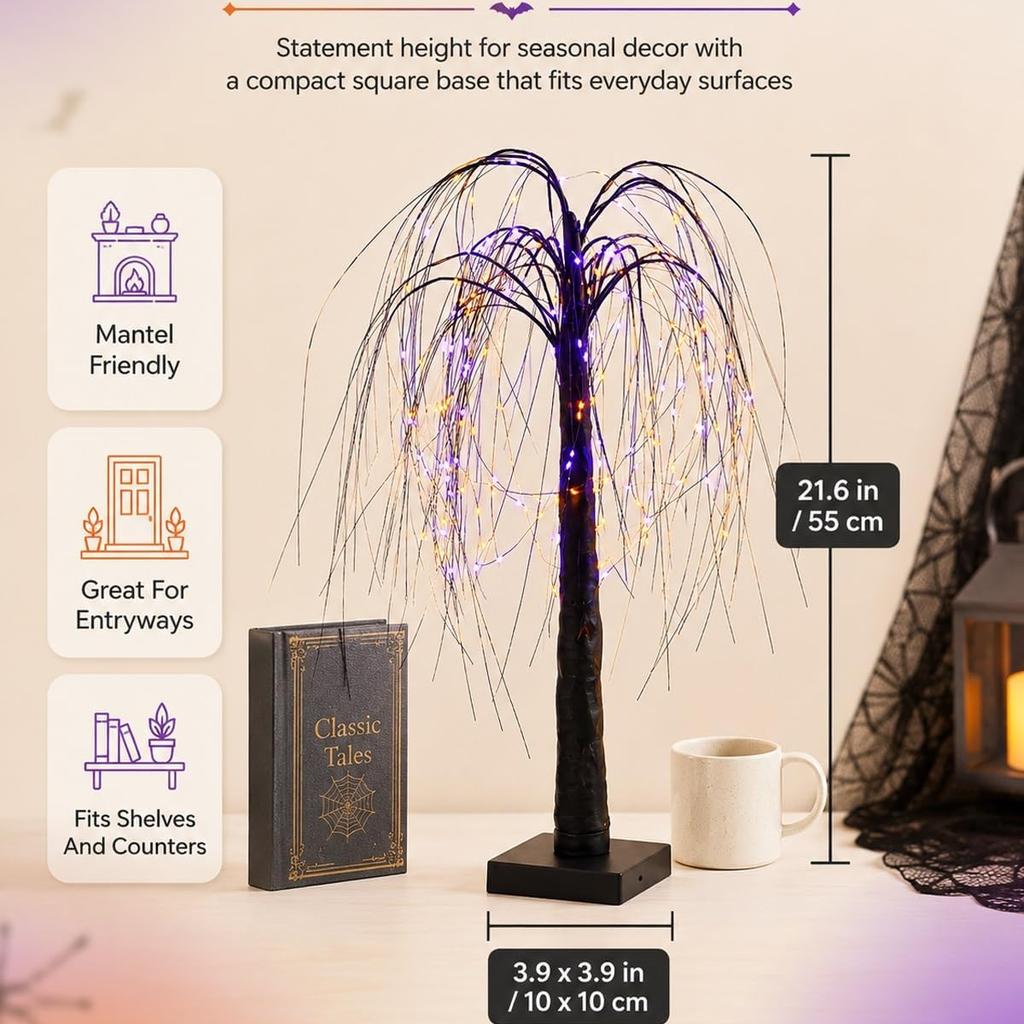 Artificial PVC Spooky Halloween Tree Light Decorations Willow-Shaped Decor USB Plug Battery Operation Tabletop Indoor for Mantel Fireplace Kitchen