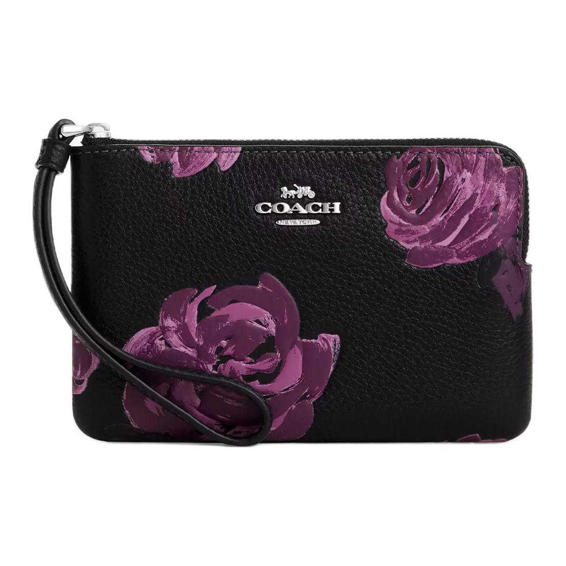 

Coach Corner Zip 16 Letter Logo Floral Print Pebble Leather Clutch Women clutch Black Pink CCJ70-SVDAW Basic Set (Bag+Dust Bag)