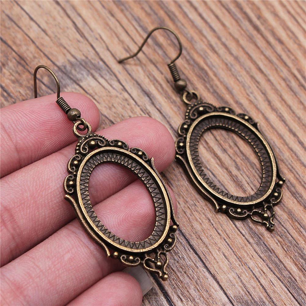 Drop & Dangle Earring Oval Ear Hook Glass Cabochon Base Setting Tray Vintage Jewelry SuppliesEarring Size 18x19mm QE017