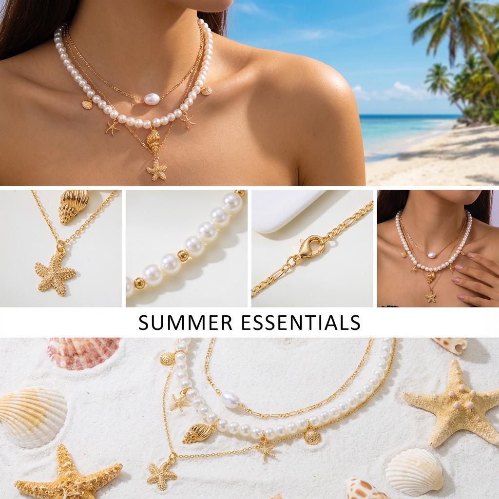 Gold Color Starfish Conch Pendant Necklace For Women Exquisite Imitation Pearl Beads Choker Bohemian Ocean Party Jewelry Gifts