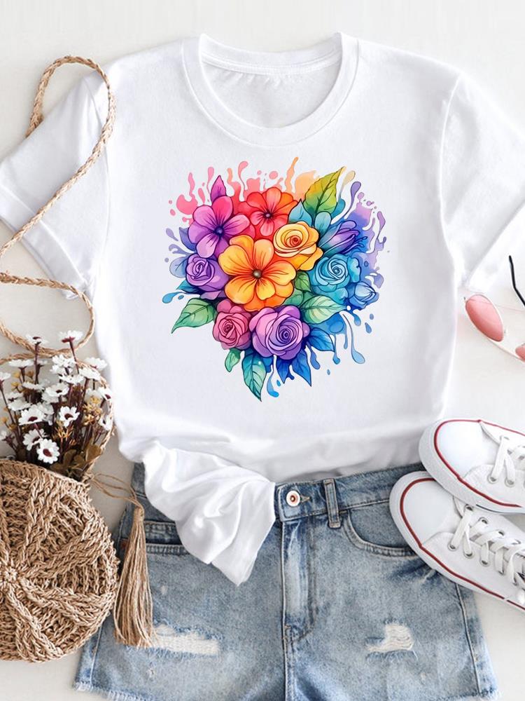 Flower Lovely Trend 90s Clothing Print White T Shirt Short Sleeve Tee Unisex Ladies Casual Top Female Fashion Graphic TShirt