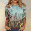 Women's Fashion Casual Three-quarter Sleeve Vintage Floral Print Round Neck Top