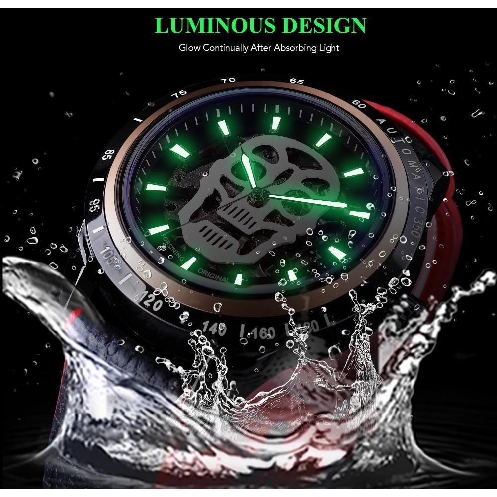 Forsining Men's Fashion Casual Glow-in-the-dark Skull Hollow Mechanical Watch Waterproof Automatic Mechanical Watch SLZe156-W